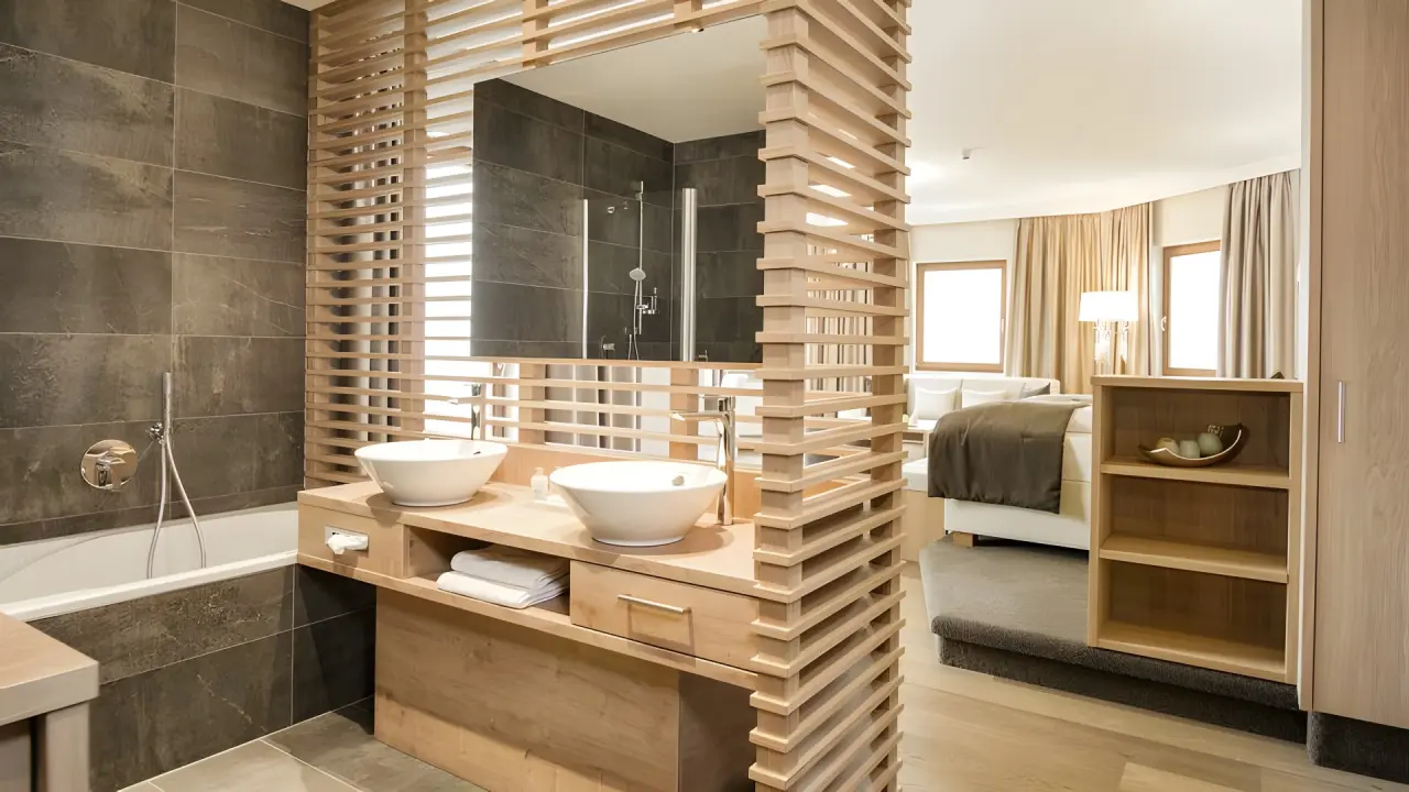 Small & Beautiful Hotel Gnaid in Dorf Tirol – Modernes Badezimmer mit Doppelwaschbecken | Wellnesshotel Südtirol