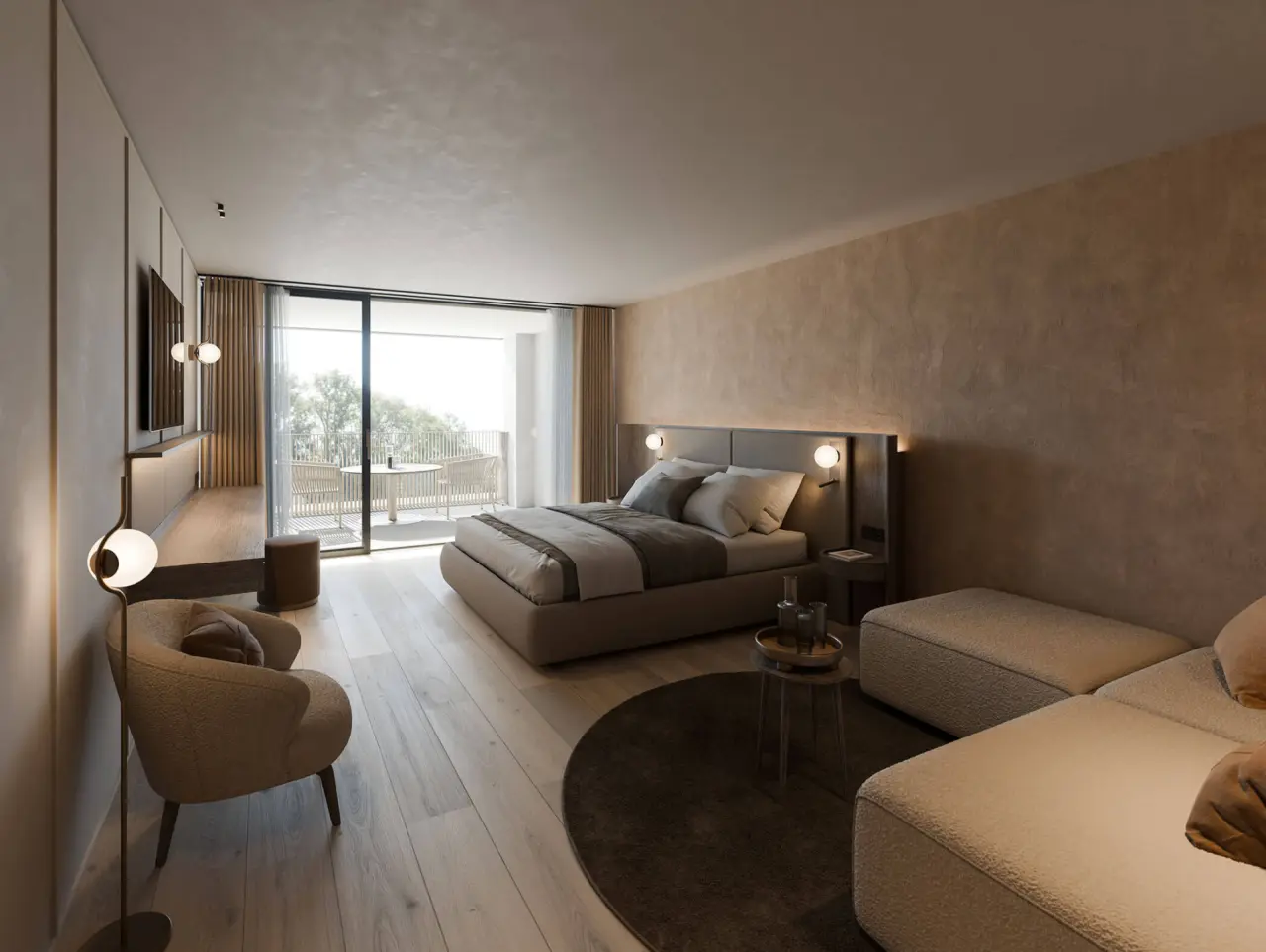 Majestic - Unique Spa Resort in Bruneck – Helles Doppelzimmer mit Balkon und Sitzgelegenheiten | Wellnesshotel Südtirol