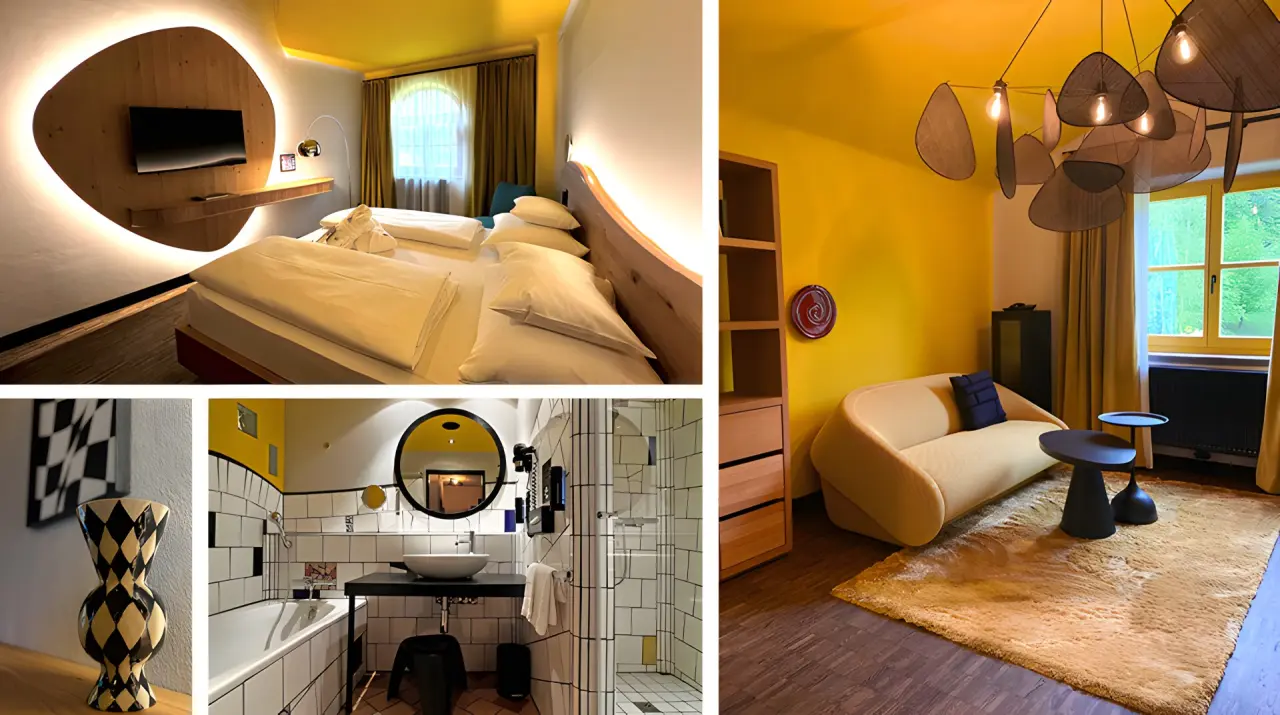 Rogner Bad Blumau in Bad Blumau – Collage verschiedener Hotelzimmer und Badezimmer | Wellnesshotel Steiermark
