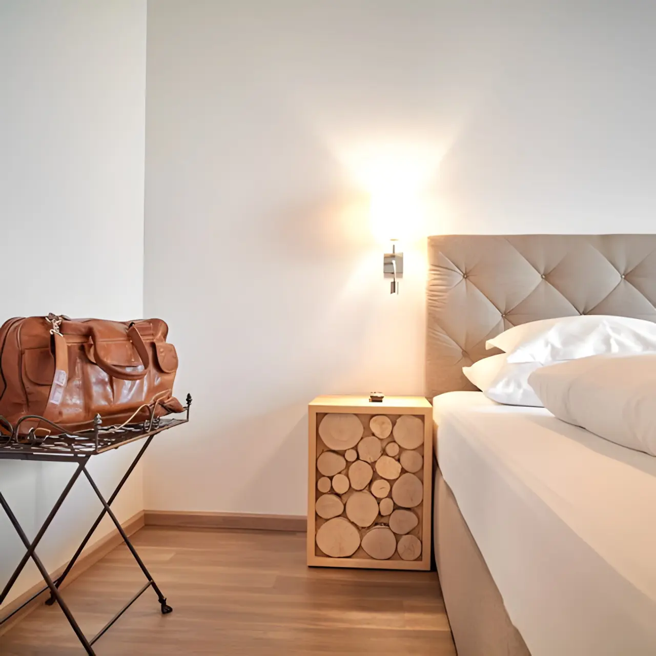 AKTIV & SPA HOTEL Alpenrose in Schruns – Bettbereich mit Nachttisch aus Holzscheiben | Wellnesshotel Vorarlberg