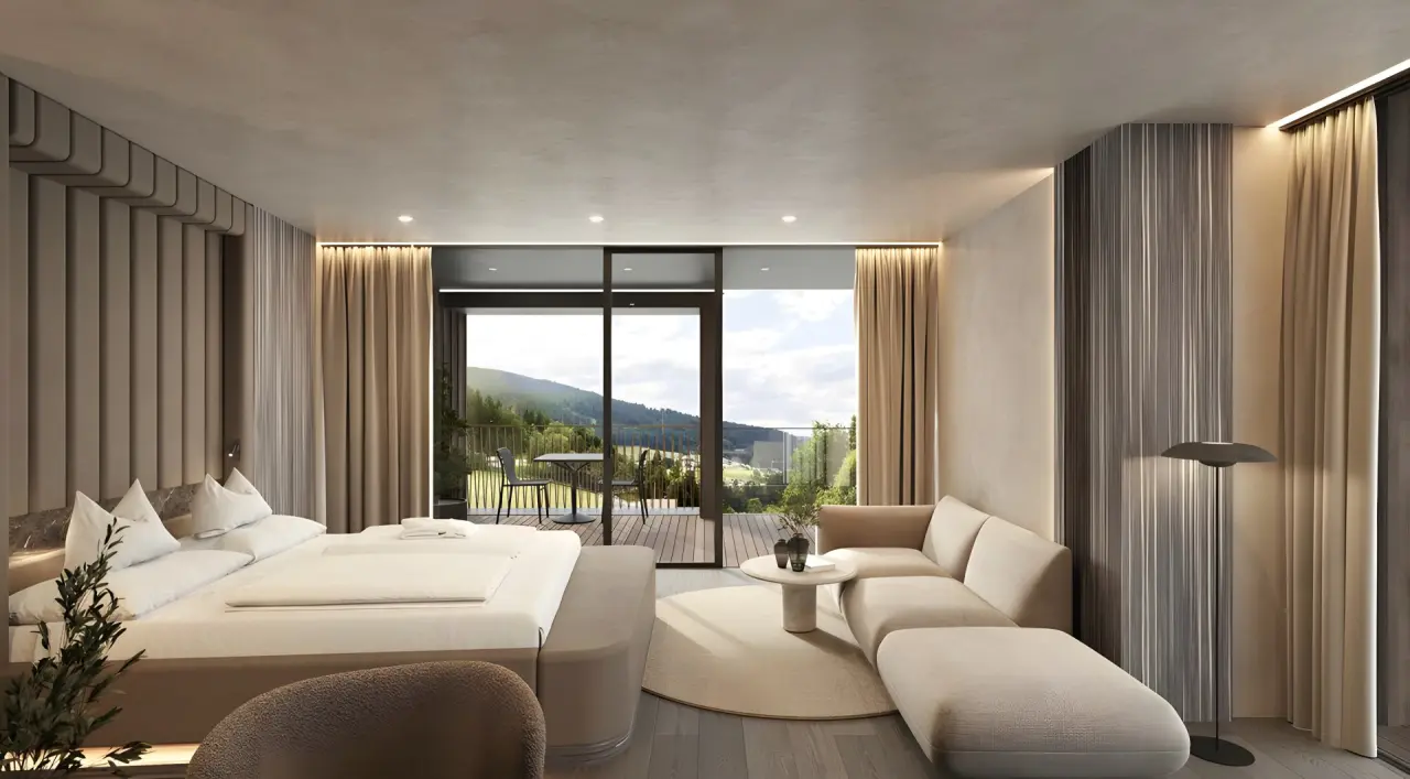 Viktoria Alpine Hideaway in Meran – Luxuriöses Hotelzimmer mit Bergblick und Balkon | Wellnesshotel Südtirol