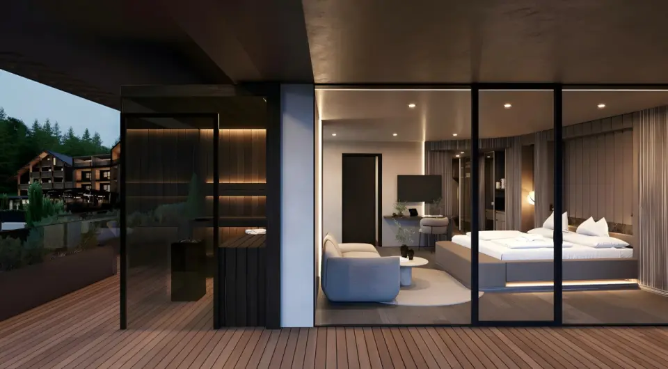 Viktoria Alpine Hideaway in Meran – Modernes Hotelzimmer mit großer Glasfront und Terrasse | Wellnesshotel Südtirol