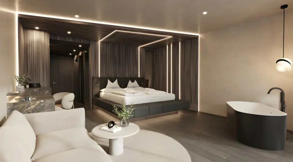 Viktoria Alpine Hideaway in Meran – Elegantes Hotelzimmer mit freistehender Badewanne | Wellnesshotel Südtirol
