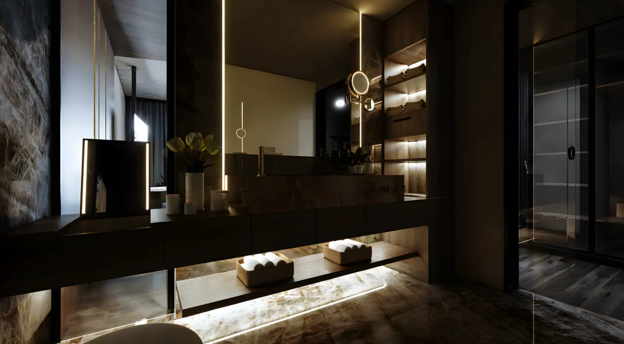 Viktoria Alpine Hideaway in Meran – Modernes Badezimmer mit Doppelwaschbecken und Beleuchtung | Wellnesshotel Südtirol