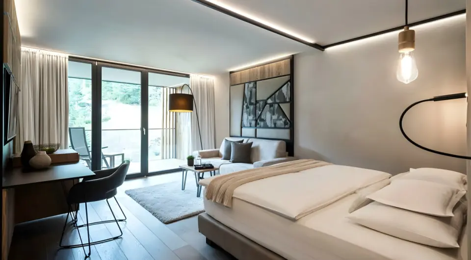 Viktoria Alpine Hideaway in Meran – Helles Hotelzimmer mit Balkon, Bett und Schreibtisch | Wellnesshotel Südtirol