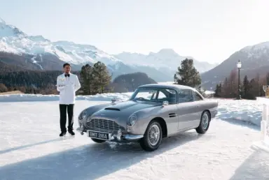 Suvretta House in St. Moritz – Klassischer Sportwagen im Schnee mit Bergpanorama | Wellnesshotel Engadin