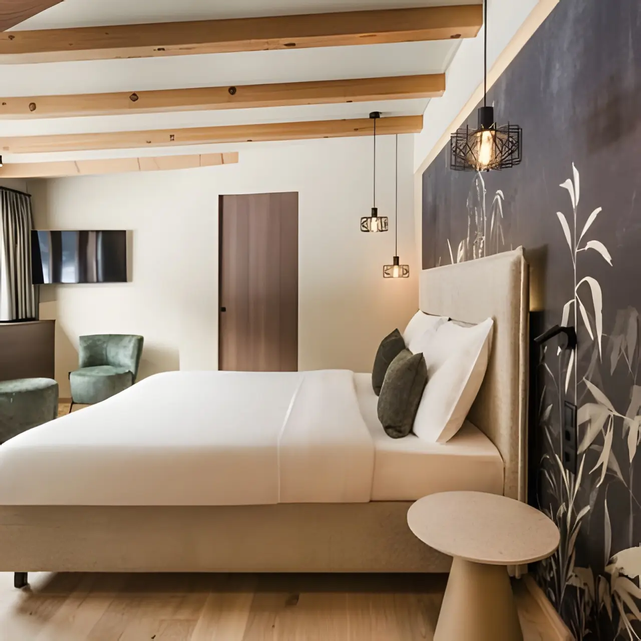 Falkensteiner Hotel Antholz in St. Martin in Gsies – Doppelzimmer mit Holzbalken und Wandgestaltung | Wellnesshotel Südtirol